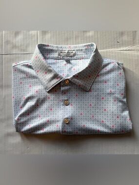 Peter Millar Summer Comfort NWOT Large L Skull Print Golf Polo Shirt Blue Pink